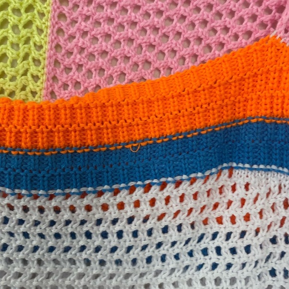 Crochet Colorblock Y2K Cropped Open Knit Sweater Bright Vibrant Top Size Large - Picture 6 of 11